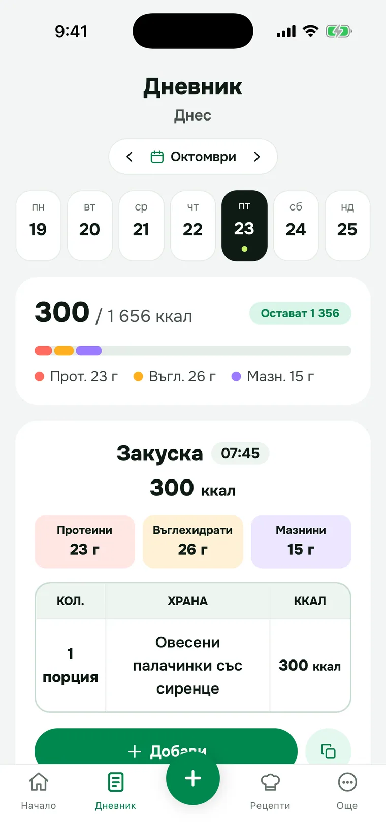 Дневникът: седмицата, всяко хранене с час, калории, белтъчини, въглехидрати и мазнини
