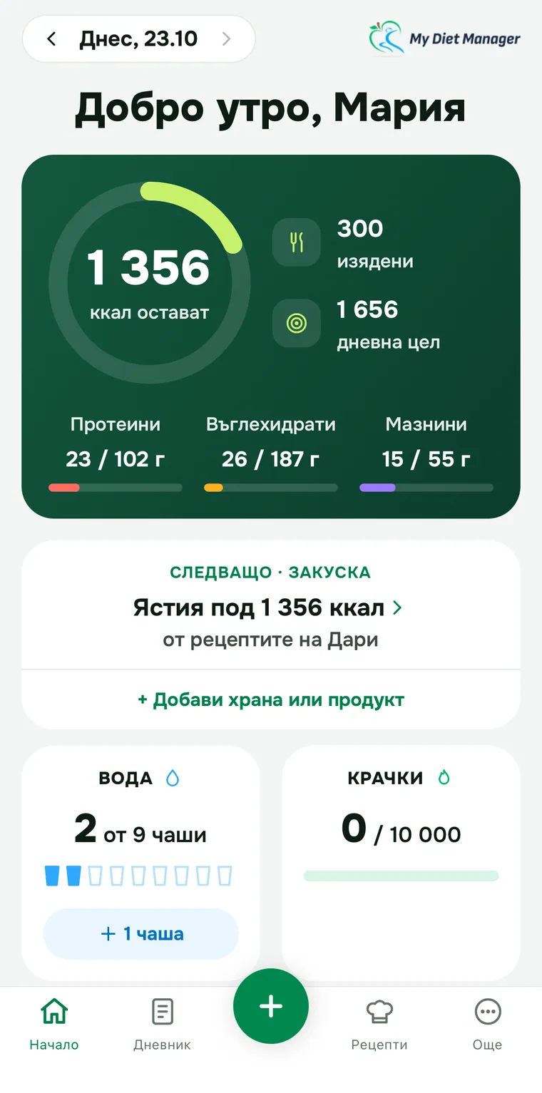 Екранът „Днес“ в My Diet Manager: оставащите калории за деня, макросите, следващото хранене, вода и крачки
