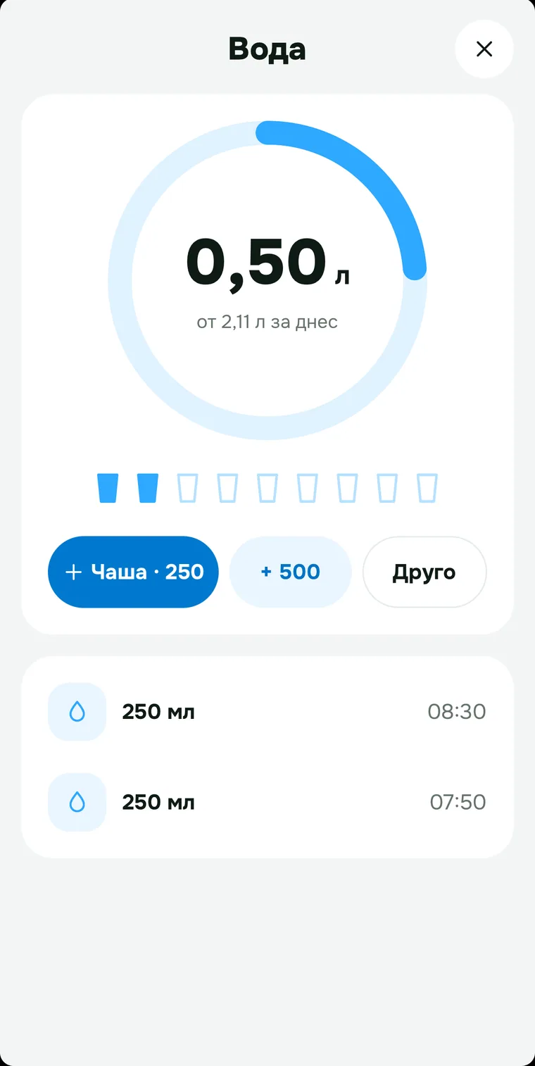 Водата за деня в литри и чаши, с бутони за 250 и 500 мл