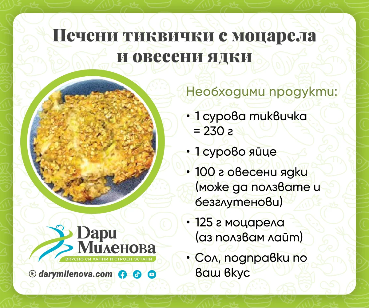 Картата „Печени тиквички с моцарела и овесени ядки“ от картите на Дари Миленова